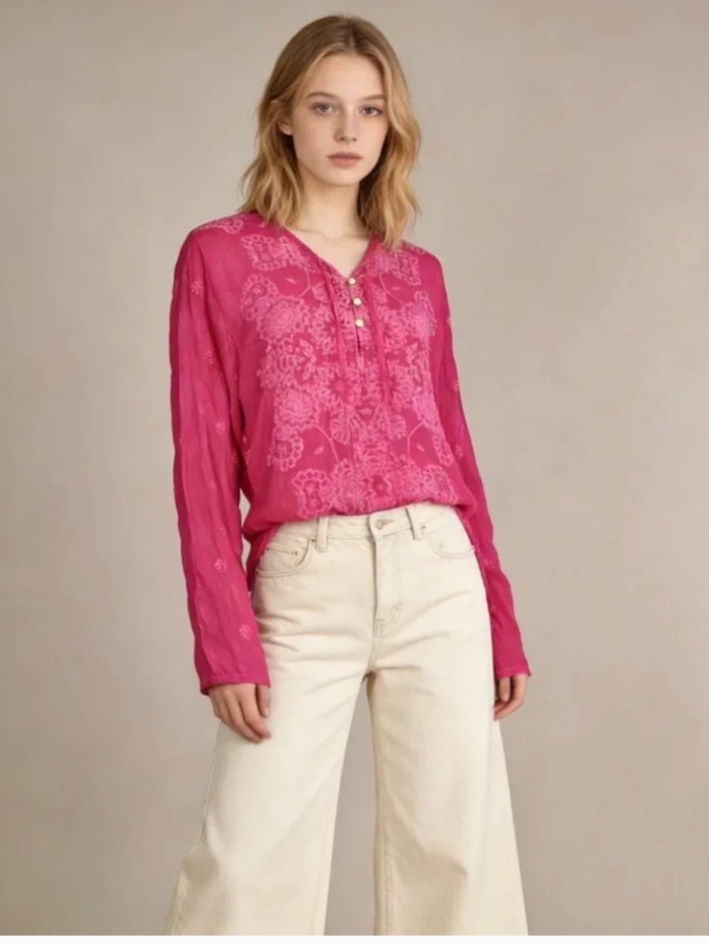 NWT Johnny Was Embroidered "Zolin Dolman Tunic" Shirt Hot Pink Sz S Boho $328